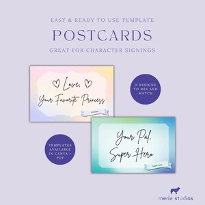 以下が含まれることがあります： 「Your Favorite Princess」と「Your Pal, Super Hero」のテキストが入ったポストカードテンプレート。パステルカラーで、CanvaとPDF形式で利用できます。キャラクターサインに最適です。