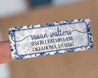 Blue Floral Return Address Labels, Personalized Address Stickers, Blue White Toile Chinoiserie Custom Address Labels,  Invitation Labels