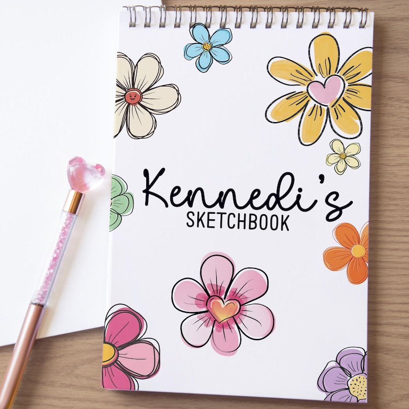 Girls Personalized Sketchbook, Kids Teens Custom Drawing Art Pad Books with Name, Stocking Stuffers, Party Favor Gifts, Flower Art Pad