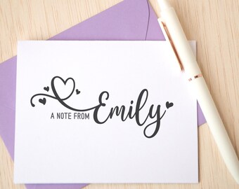 Personalized Note Cards with Name, Script Stationery Set, Custom Notecards with Envelopes, Heart Folded Thank You Cards Notes, for Girls