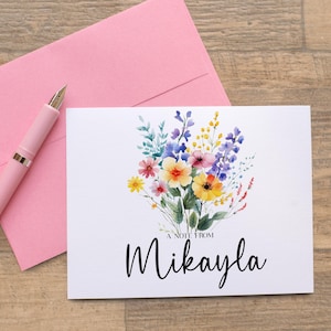Jeu de cartes de correspondance personnalisées avec nom, papeterie fleurs sauvages, cartes de correspondance et enveloppes personnalisées, cartes de remerciement fleurs arc-en-ciel