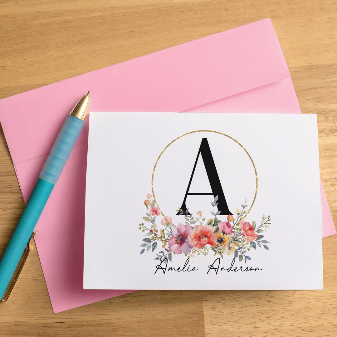 Personalized Note Cards With Name, Set of Floral Family Monogram ...