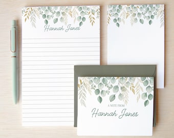Personalized Stationery Set, Boho Floral Botanical Letter Writing Gift Sets, Sage Writing Paper, Envelopes & Pen, Notepad, Notecards