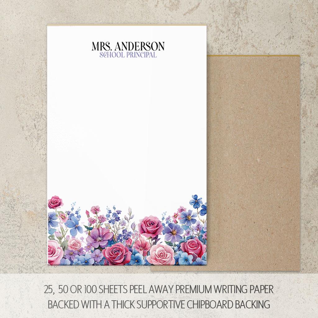 Personalized Flower Notepad, Custom Name Notepads, Rose Violets Floral ...