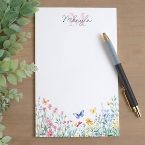 Personalized Monogram Notepad, Custom Wildflower Name Notepads, Pretty Flower Butterfly Note Pad, , Custom Stationery, Party Favor Gifts