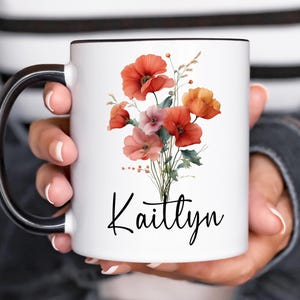 Custom Birth Flower Coffee Mug, Personalized Birthflower Cup with Name, Wildflower Birthday Mugs, December January February Birth Month Gift image 3