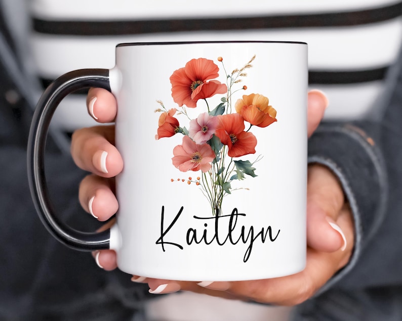 Custom Birth Flower Coffee Mug, Personalized Birthflower Cup with Name, Wildflower Birthday Mugs, December January February Birth Month Gift image 3