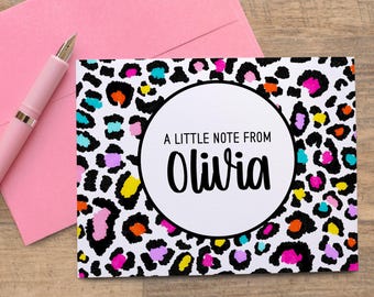 Personalized Note Cards with Name, Set of Rainbow Cheetah Print Stationery Folded Cards, Girls Notecards & Envelopes Letter Writing Set