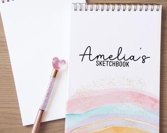 Girls Personalized Sketchbook, Kids Teens Custom Drawing Art Pad Books with Name, Tweens Stocking Stuffers, Party Favor, Rainbow Art Pad