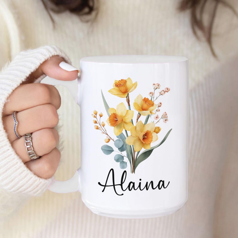 Custom Birth Flower Coffee Mug, Personalized Birthflower Cup with Name, Wildflower Birthday Mugs, December January February Birth Month Gift image 9