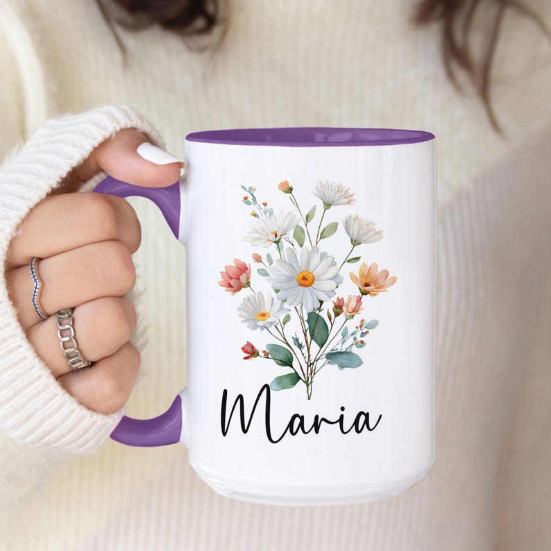 Custom Birth Flower Coffee Mug, Personalized Birthflower Cup with Name, Wildflower Birthday Mugs, December January February Birth Month Gift image 8