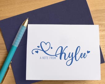 Personalized Note Cards with Name, Script Stationery Set, Custom Notecards with Envelopes, Heart Folded Thank You Cards Notes, for Girls