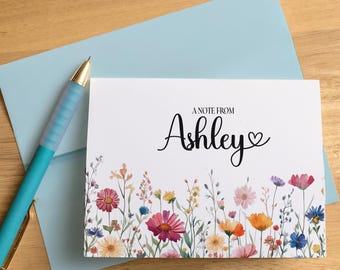 Personalized Note Cards with Name, Set of Wildflower Stationery Cards, Custom Notecards with Envelopes, Floral Thank You Cards Notes, Folded