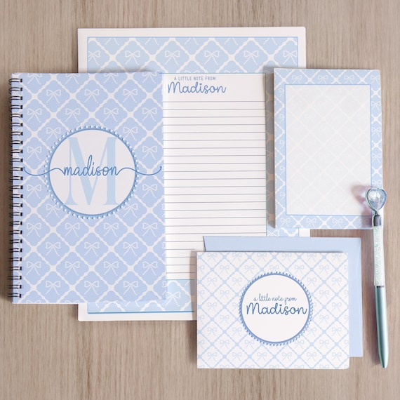 Personalized Stationery Set, Letter Writing Set, Writing Paper for Girls, Blue Coquette Bow Notebook, Notepads, Notecard Set, with Envelopes