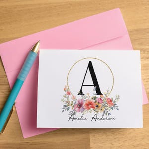 Cartes de correspondance personnalisées avec nom, jeu de cartes de correspondance florales avec monogramme de famille, enveloppes pliées personnalisées pour cartes, cartes de remerciement, notes
