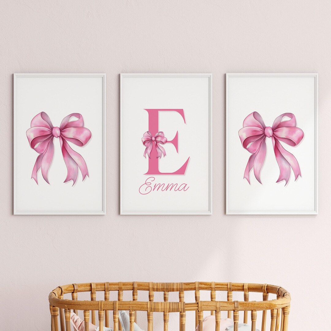 Personalized Bow Wall Art Prints, Bow Nursery Print Set, Pink Bow ...