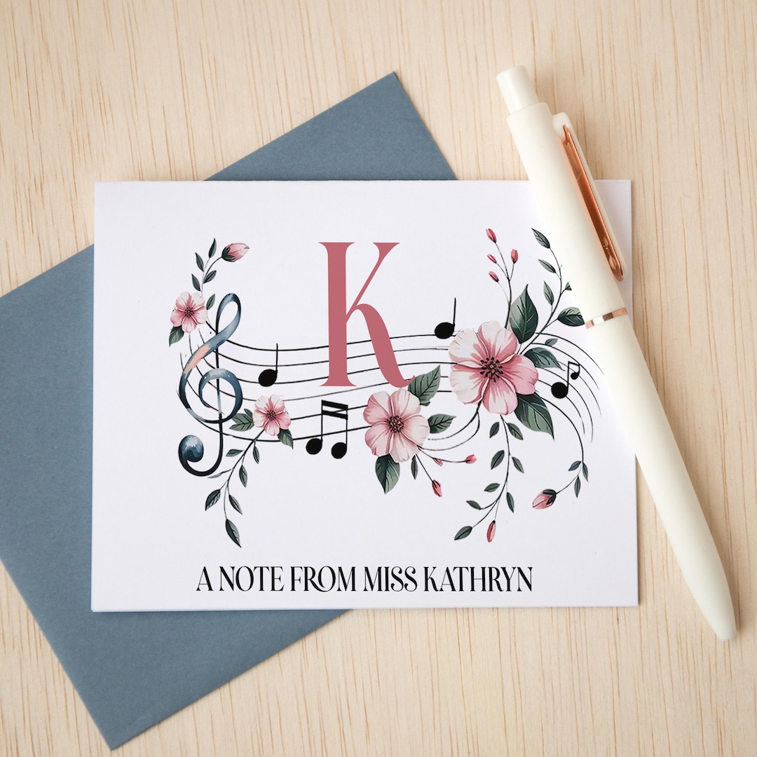 Personalized Music Notecards, Floral Music Notes Folded Card Set ...