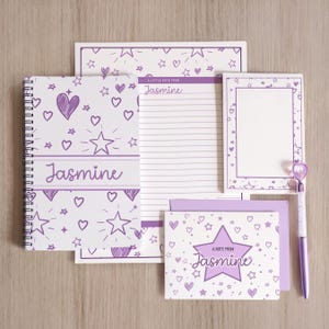 Ensemble de papeterie personnalisée, Ensemble de papier à lettres pour filles, Cahier de notes pour ados, Bloc-notes, Griffonnage, Cartes de correspondance coeurs étoiles Coffret cadeau enveloppes