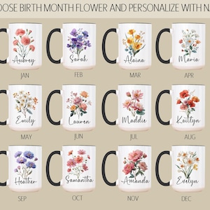Custom Birth Flower Coffee Mug, Personalized Birthflower Cup with Name, Wildflower Birthday Mugs, December January February Birth Month Gift image 4