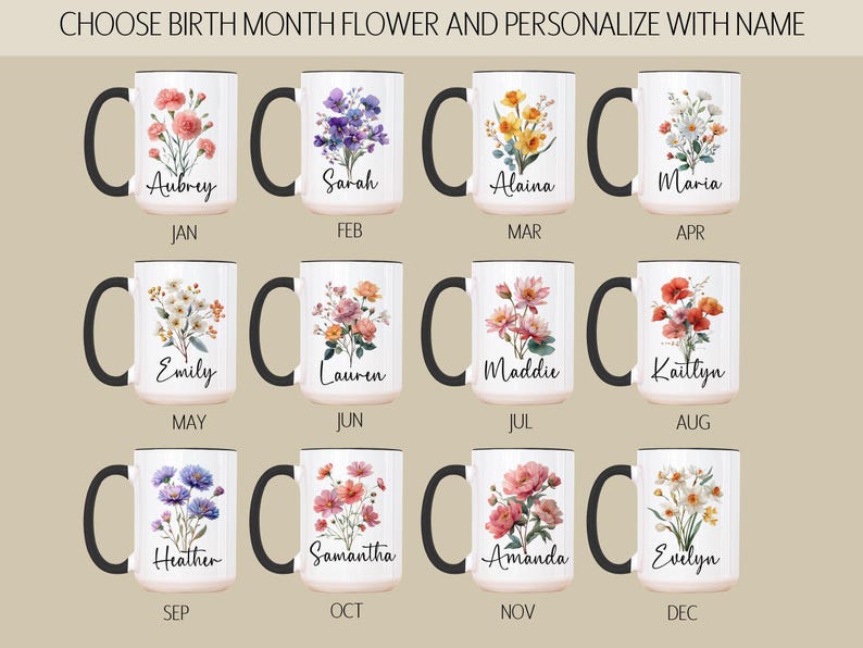 Custom Birth Flower Coffee Mug, Personalized Birthflower Cup with Name, Wildflower Birthday Mugs, December January February Birth Month Gift image 4