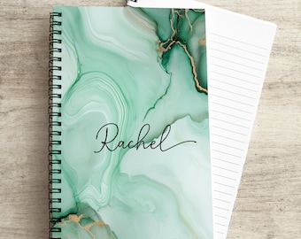 Personalized Spiral Notebook with Name, Custom Name Journal, Abstract Mint Green Marble Sketchbook, Women's Prayer Gratitude Journal