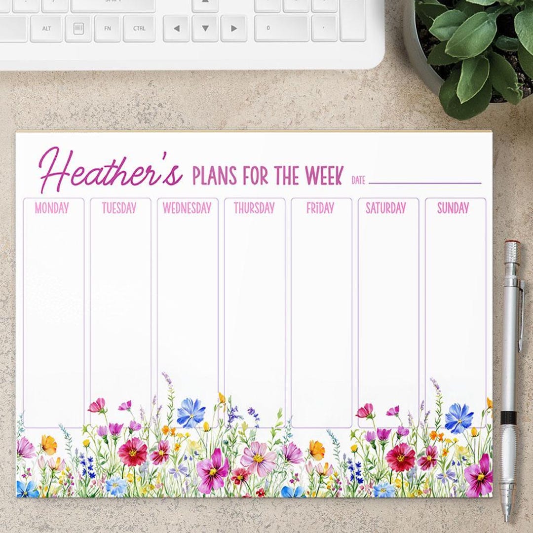 Personalized Weekly Planner Notepad, Floral Wildflower Weekly Planner ...