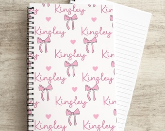 Girls Custom Notebook, Personalized Journal, Pink Coquette Bows Notebook, Spiral Notebooks, Blank Lined, Girls Sketchbook, gratitude journal