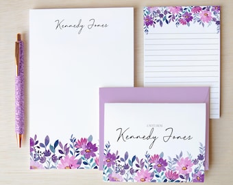 Personalized StationeryPurple Violet Letter Writing Gift Sets, Writing Paper & Envelopes Floral Wildflower Notepad, Notecards w Pen