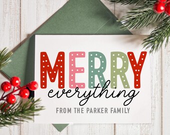 Personalized Christmas Note Cards with Family Name, Greeting Card Set, Custom Notecards & Envelopes, Merry Everything Folded Greeting Cards