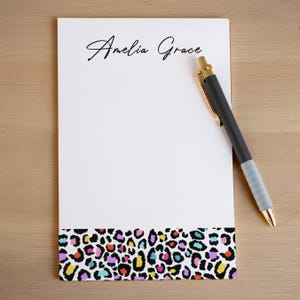 Personalized Notepad, Custom Cheetah Print Name Notepads, Rainbow Aesthetic Women&#39;s Note Pad, Gifts for Her, Custom Stationery. Teacher Gift