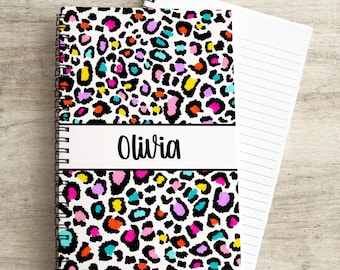 Girls Custom Notebook, Personalized Journal, Custom Spiral Notebook, Rainbow Leopard Cheetah Print Kids Custom Name Journals,