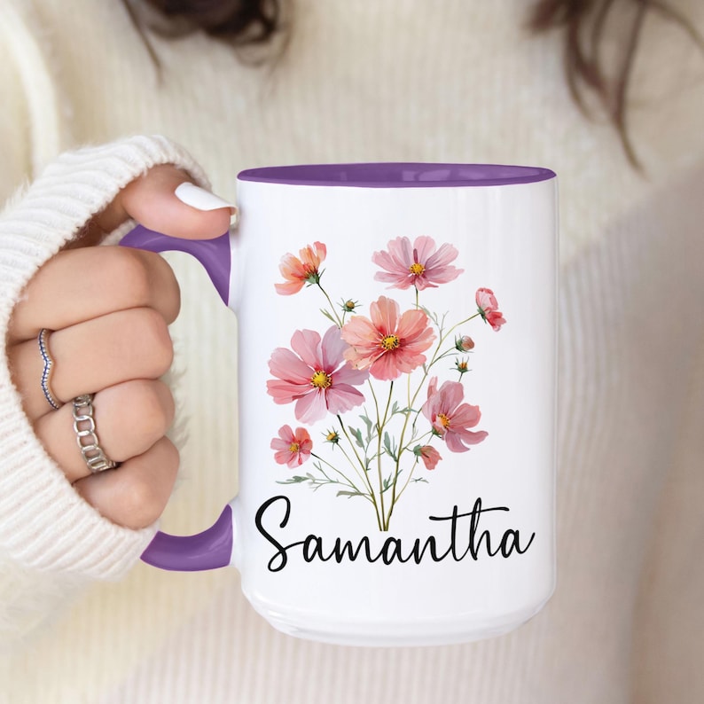 Custom Birth Flower Coffee Mug, Personalized Birthflower Cup with Name, Wildflower Birthday Mugs, December January February Birth Month Gift image 7