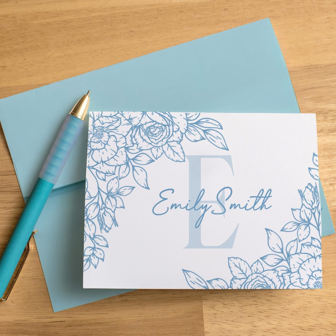 Personalized Monogram Note Cards, Custom Floral Notecards With ...
