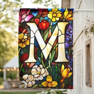 Personalized Initial Yard Flag, Custom Initial Spring Banner, Faux Stained Glass Yard Decor, Monogram Outdoor Decoration, Garden Flags Gift