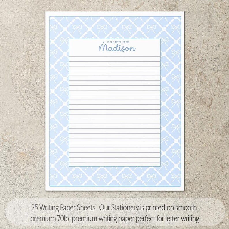 Personalized Stationery Set, Letter Writing Set, Writing Paper for Girls, Blue Coquette Bow Notebook, Notepads, Notecard Set, with Envelopes 画像 4