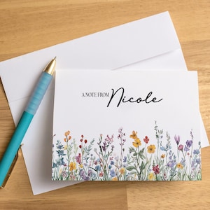 Cartes de correspondance personnalisées avec nom, jeu de cartes de papeterie fleurs sauvages, cartes de correspondance personnalisées avec enveloppes, cartes de remerciement florales, pliées