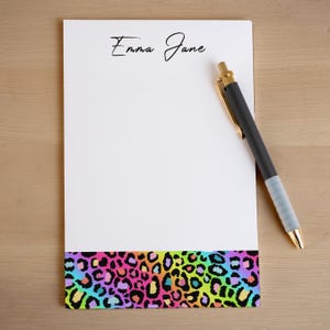 Personalized Notepad, Custom Cheetah Print Name Notepads, Rainbow Aesthetic Women&#39;s Note Pad, Gifts for Her, Custom Stationery. Teacher Gift
