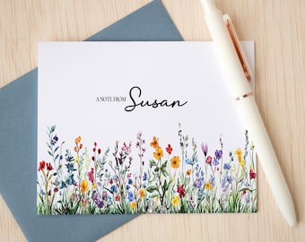 Personalized Note Cards with Name, Set of Wildflower Stationery Cards, Custom Notecards with Envelopes, Floral Thank You Cards Notes, Folded