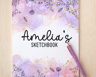 Girls Personalized Sketchbook, Kids Teens Custom Drawing Art Pad Books with Name, Tweens Stocking Stuffers, Party Favor, Purple Pink Art Pad