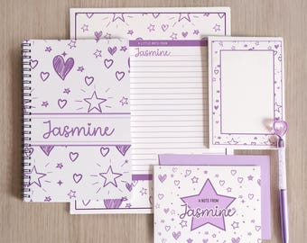 Personalized Stationery Set, Girls Letter Writing Paper Set, Teen Tween Notebook, Notepads, Doodle, Hearts Stars Notecard Envelopes Gift Set