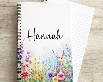 Personalized Notebook Custom Wildflower Journal, Custom Name Notebook, Pretty Rainbow Floral Sketchbook, Gratitude Journal For Women