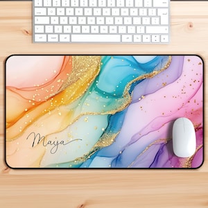 Custom Rainbow Desk Mat Mousepad with Name, Large Desktop Mats, Girls Colorful Keyboard Gaming Pad, Marble Office Cubical Decor Gift for Her