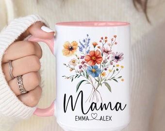 Personalized Mama Coffee Mug, Custom Wildflower Name Mugs, Children's Names Cup, Custom Birthday Gift, Flowers, Gifts for Mom, Mothers Day
