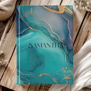 Custom Hardcover Journal Notebook ,  Personalized Women Writing Notebooks, Custom Name, Beautiful Marbled Teal Blue Journals