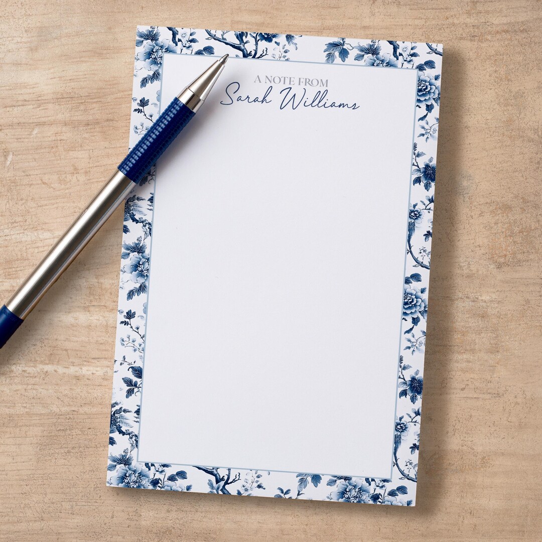 Personalized Notepad, Custom Name Notepads, Blue White Floral Blue ...