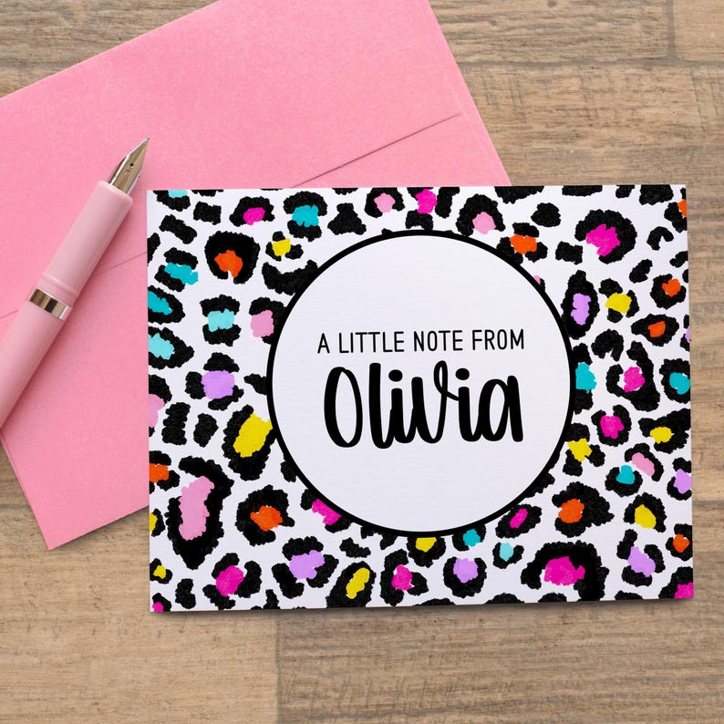 Personalized Note Cards W Name, Set of Rainbow Leopard Cheetah Print ...