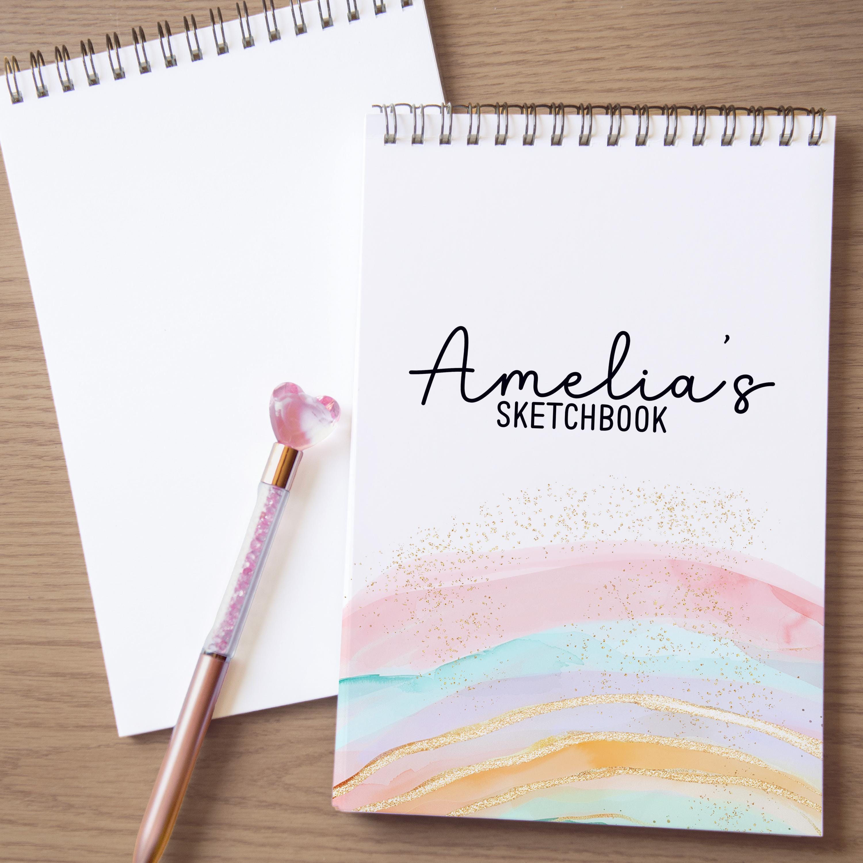Girls Personalized Sketchbook, Kids Teens Custom Drawing Art Pad Books with Name, Tweens Stocking Stuffers, Party Favor, Rainbow Art Pad