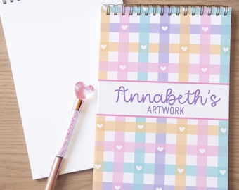 Girls Personalized Sketchbook, Kids Custom Drawing Art Pad Books with Name, Stocking Basket Stuffers, Party Favor gifts Pastel Heart Art Pad