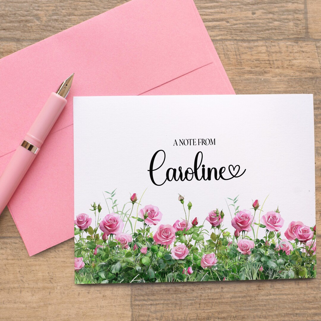 Personalized Note Cards With Name, Set of Pink Rose Folded Cards ...