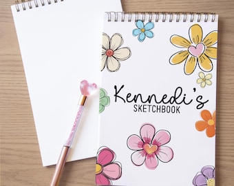 Girls Personalized Sketchbook, Kids Teens Custom Drawing Art Pad Books with Name, Stocking Stuffers, Party Favor gifts, Flower Art Pad